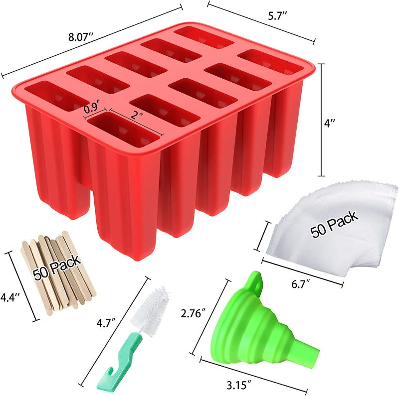 Photo 3 of Popsicle Molds, Ouddy 10-Cavity Popsicle Maker Silicone Homemade Ice Pop Molds with 50 Popsicle Sticks, 50 Popsicle Bags, Silicone Funnel & Cleaning Brush (10 Cavities)