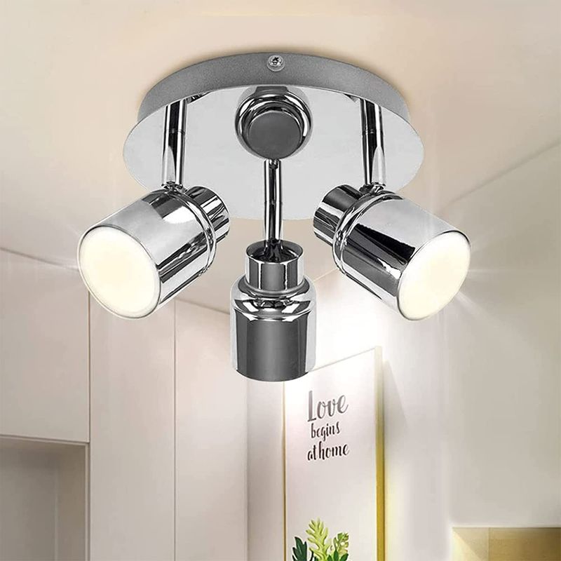 Photo 1 of DLLT Modern 3-Light Multi-Directional Ceiling Fixture, Adjustable Round Track Lighting Kits, GU10 LED Bulb Flush Mount Ceiling Spot Light for Kitchen Hallway Bedroom, Warm White, Polished Chrome