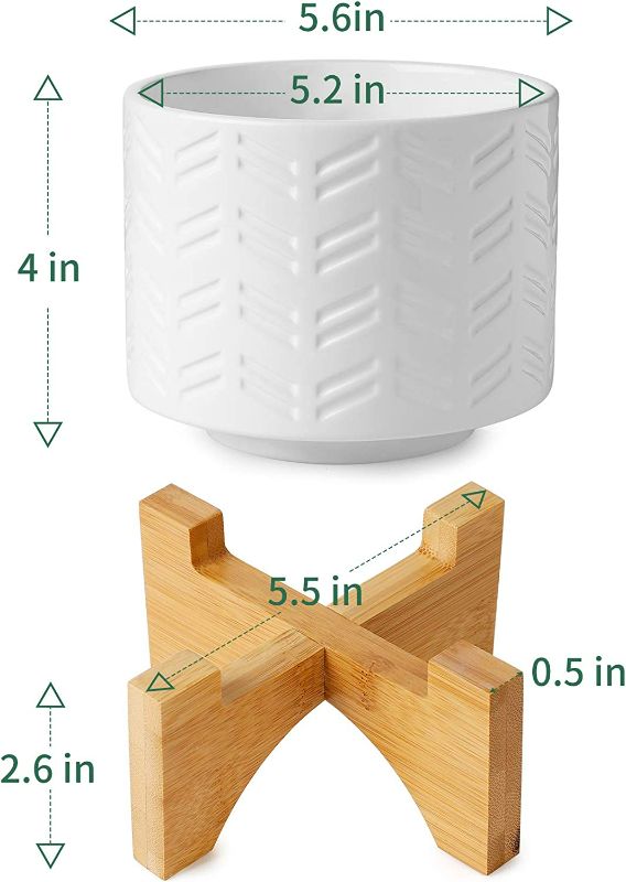 Photo 2 of POTEY Ceramic Planter with Wood Stand - 5.2 Inch Inch Mid Century Plant Pots for Indoor Flowers Modern Decorative Medium Houseplants Container, Drainage Hole Included - White 029411