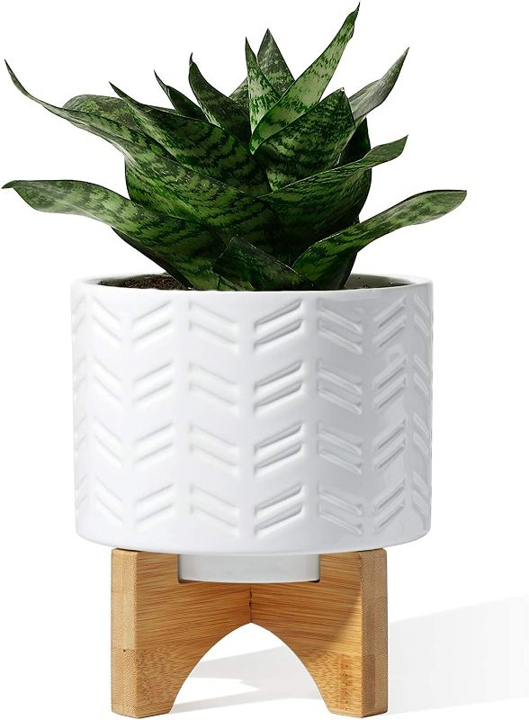 Photo 1 of POTEY Ceramic Planter with Wood Stand - 5.2 Inch Inch Mid Century Plant Pots for Indoor Flowers Modern Decorative Medium Houseplants Container, Drainage Hole Included - White 029411