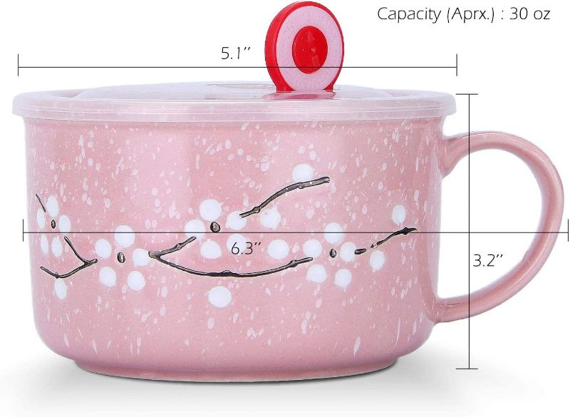 Photo 1 of VanEnjoy 30oz Ceramic Bowl Set with Lid & Handle,Cherry Blossoms Among Snow Flake Pattern,Microwave for Instant Noodle Sara, Cereal Bowl (Pink)