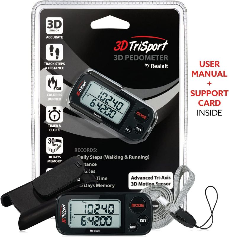 Photo 1 of 3DTriSport Walking 3D Pedometer with Clip and Strap, Free eBook | 30 Days Memory, Accurate Step Counter, Walking Distance Miles/Km, Calorie Counter, Daily Target Monitor, Exercise Time.