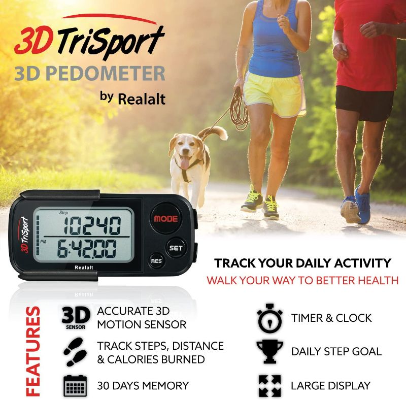 Photo 2 of 3DTriSport Walking 3D Pedometer with Clip and Strap, Free eBook | 30 Days Memory, Accurate Step Counter, Walking Distance Miles/Km, Calorie Counter, Daily Target Monitor, Exercise Time.