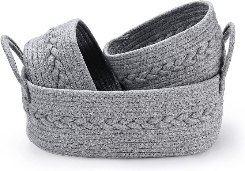 Photo 1 of ADINLIFE Cotton Rope Woven Storage Basket, 3 Pack Handmade Organizer with 2 Handles, Washable and Foldable Container for Nursery Diaper Caddy Baby Clothes Towels Books Food-Grey