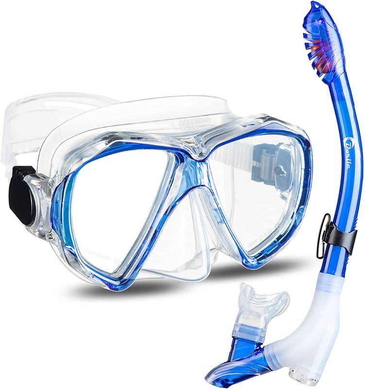 Photo 1 of Dorlle Snorkel Set Diving Mask with Anti-Fog Tempered Glass, Anti-Leak Dry Top Snorkel Mask, Easy Breathing and Adjustable Snorkeling Gear for Adults and Youth
