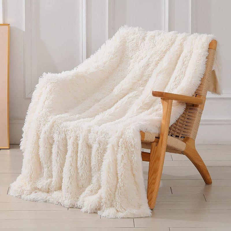 Photo 1 of HBlife Luxury Soft Faux Fur Throw Blanket 50 X 60 Inches, Solid Reversible Lightweight Shaggy Fuzzy Blanket Plush Fluffy Cozy Decoration Throw Blankets for Couch and Living Room, Cream White