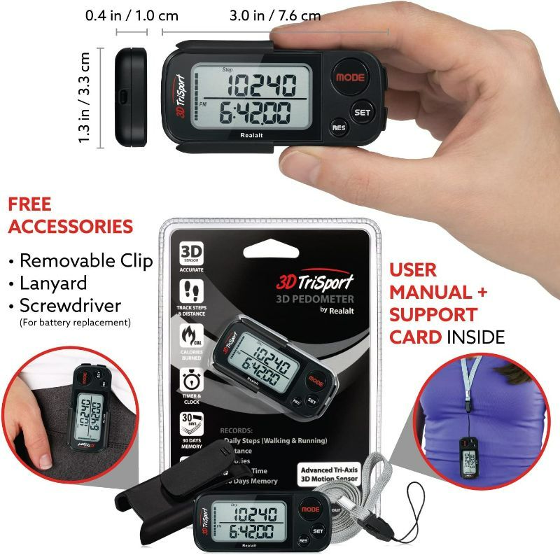 Photo 3 of 3DTriSport Walking 3D Pedometer with Clip and Strap, Free eBook | 30 Days Memory, Accurate Step Counter, Walking Distance Miles/Km, Calorie Counter, Daily Target Monitor, Exercise Time.