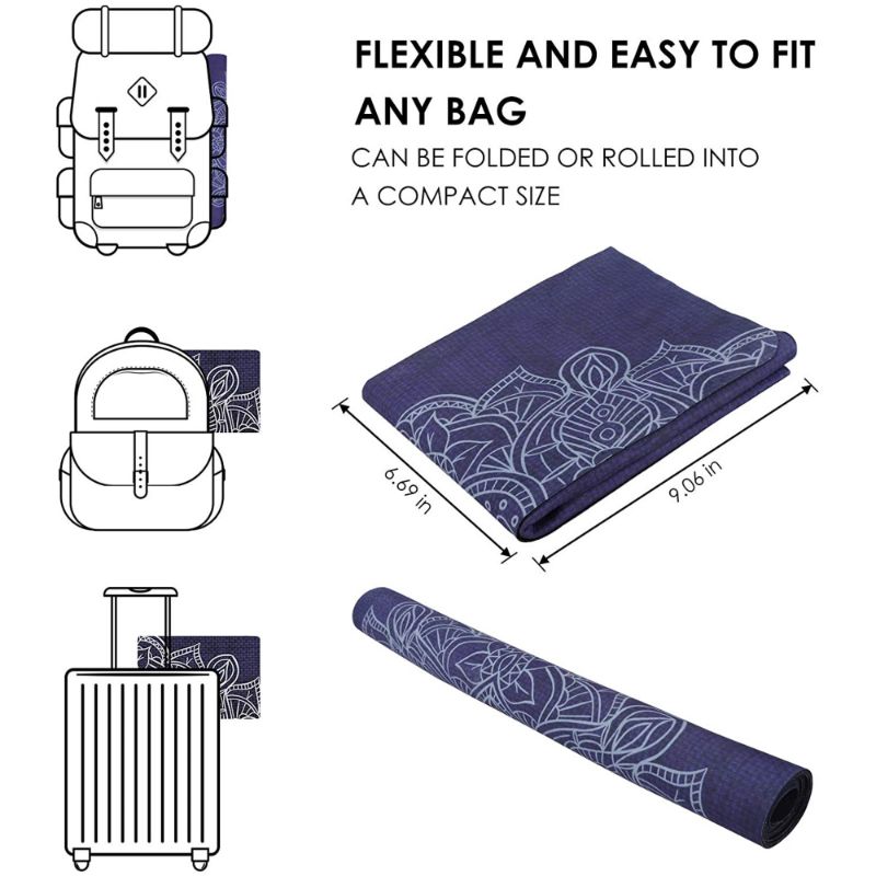 Photo 2 of KUYOU Travel Yoga Mat, Foldable 1/16 inch Thick Yoga Mat Rubber Yoga Mats & Exercise Mats w/Carrying Bag and 96in Stretch Band Straps ,For Yoga Pilates & Fitness, Dark Blue