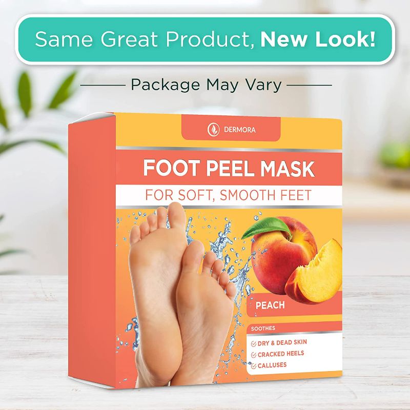 Photo 1 of DERMORA Foot Peel Mask - 2 Pack of Large Size Skin Exfoliating Foot Masks for Dry, Cracked Feet, Callus, Dead Skin Remover - Feet Peeling Mask for baby soft feet, Peach Scent
