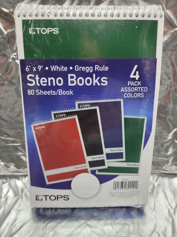 Photo 1 of TOPS Spiral Steno Books, 6" x 9", Gregg Rule White Paper, Assorted Covers, 80 Sheets per Book/4 Books per Pack (80220)