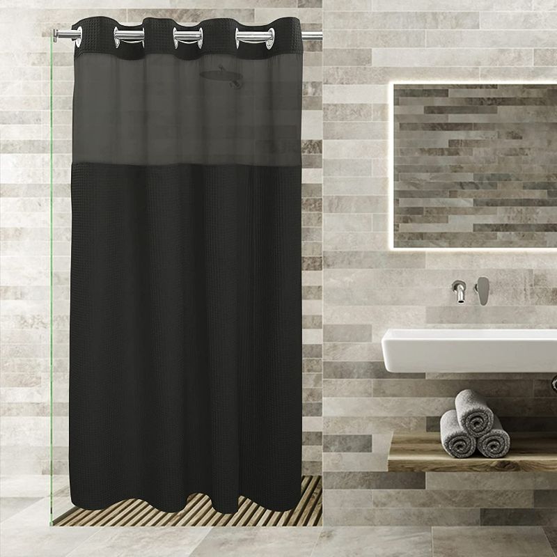 Photo 1 of River Dream Black Fabric Shower Curtain Set, Cotton Blend, Waffle Weave, with Snap in Replacement Liner?54 x 80 inches