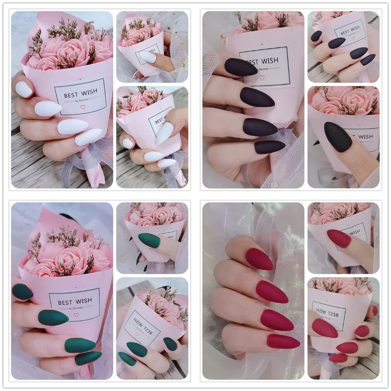 Photo 3 of editTime Solid Colors Matte Acrylic Ballerina Coffin Square False Nails Full Cover Press on Natural Medium Fake Nails Tips with a Crystal Glass Nail File