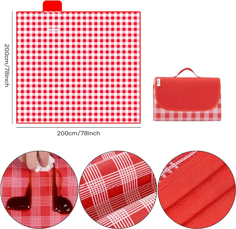 Photo 4 of Extra Large Picnic Blankets, 78 x 78Inches Waterproof Sand Proof Picnic Mat Beach Blankets Portable & Foldable Beach Mat Camping Mat for Outdoor Picnics, Camping, Grass (Red, White)