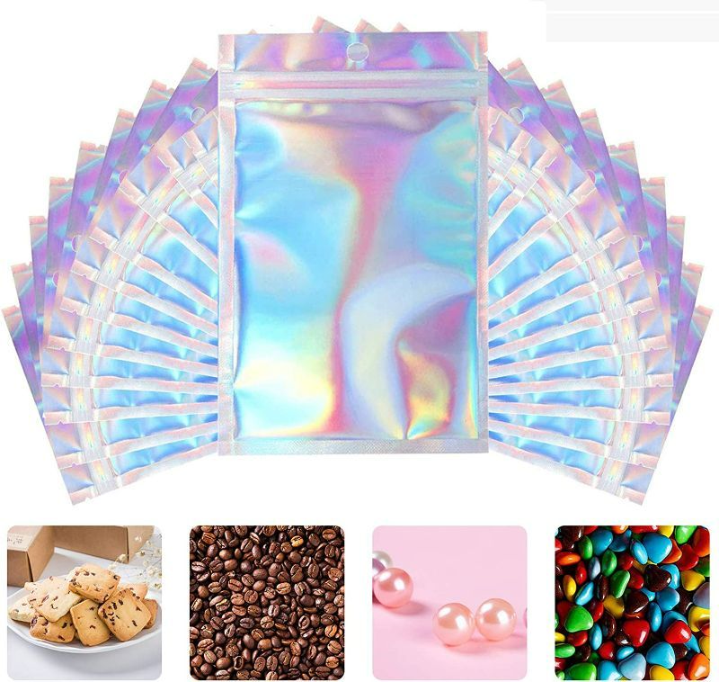 Photo 1 of Permotary 200 PCS Holographic Aluminum Foil Bags Ziplock Bags, Resealable Smell Proof Bags for Food Storage Party Favor Cookies Coffee Bean Jewelry Electronics(4.7"x 7.8")