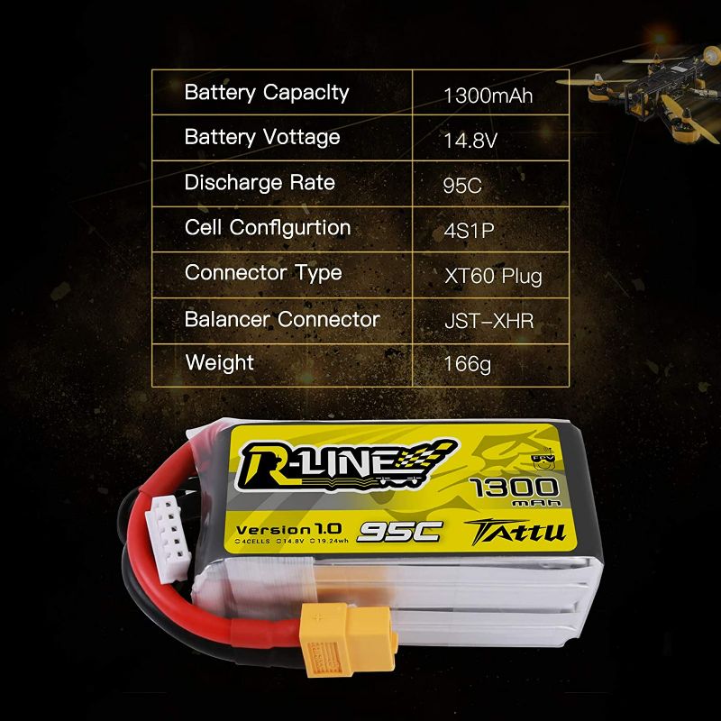 Photo 2 of Tattu R-Line LiPo Battery Pack 1300mAh 14.8V 95C 4S with XT60 Plug for FPV Racing