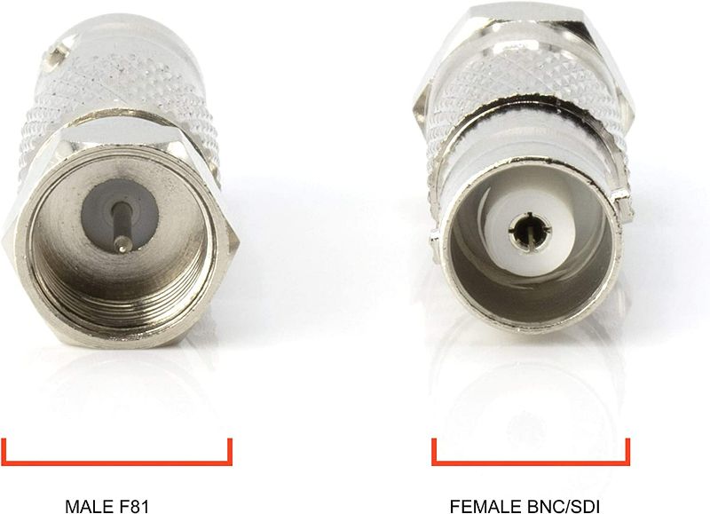 Photo 2 of RF (F81) and BNC Coaxial Adapter - BNC Female to Male F81 (F-Pin) Connector, Adapter, Coupler, and Converter - for RG11, RG6, RG59, RG58, SDI, HD SDI, CCTV - 4 Pack 4 Pack Silver BNC Female