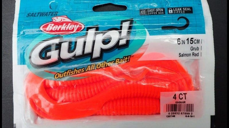 Photo 1 of (6 pack of 4 count) Gulp Grub, 6" 4count Salmon Red, Floating - Fishing Bait for Salt Or Freshwater