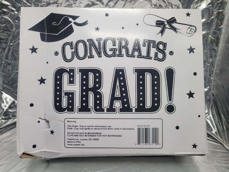 Photo 3 of Serves 30 Ultimate Party Pack Congrats Grad Black and White Party Supplies 9" Dinner Paper Plates 7" Dessert Paper Plates 9 oz Cups 3 Ply Napkins 2 Table Cover 20 Photo Props 12 Swirls 30 Balloons 1 Banner 2 Backdrop Banner 1 Grad Card Holder Box Graduati