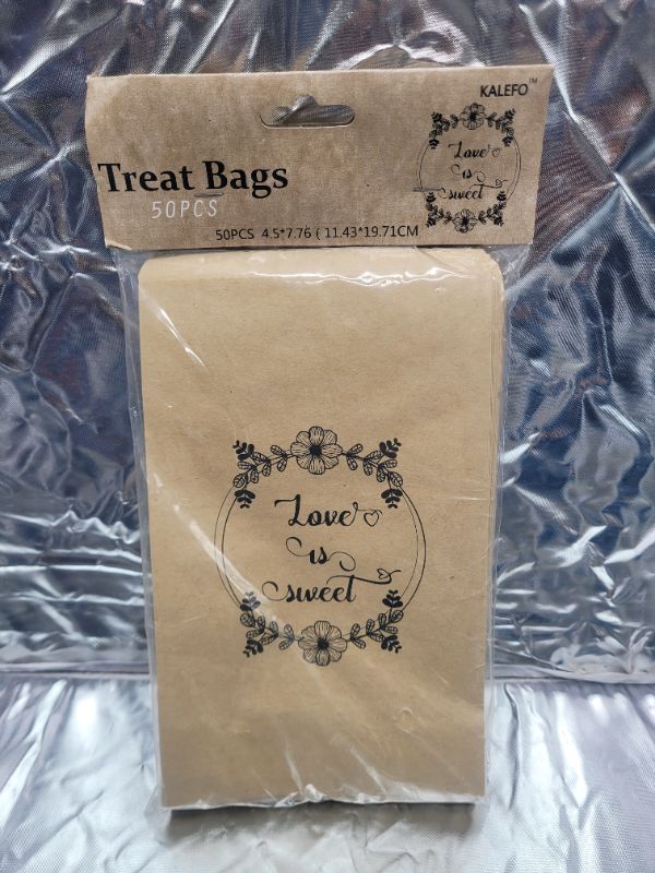 Photo 1 of KALEFO Love is sweet treat bags Wedding Favors Candy Buffet Bags,50 pcs 4.5*7.76 in Brown Paper Party Favor Bag for Goody,Candy,Snacks
