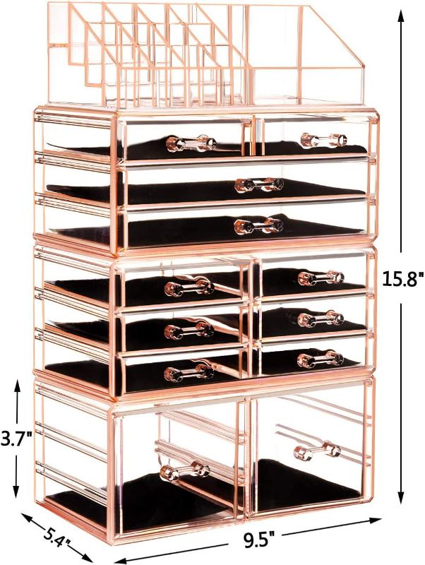 Photo 1 of HBlife Makeup Organizer Acrylic Cosmetic Storage Drawers and Jewelry Display Box with 12 Drawers, 9.5 x 5.4 x 15.8 Inches, 4 Piece, Pink