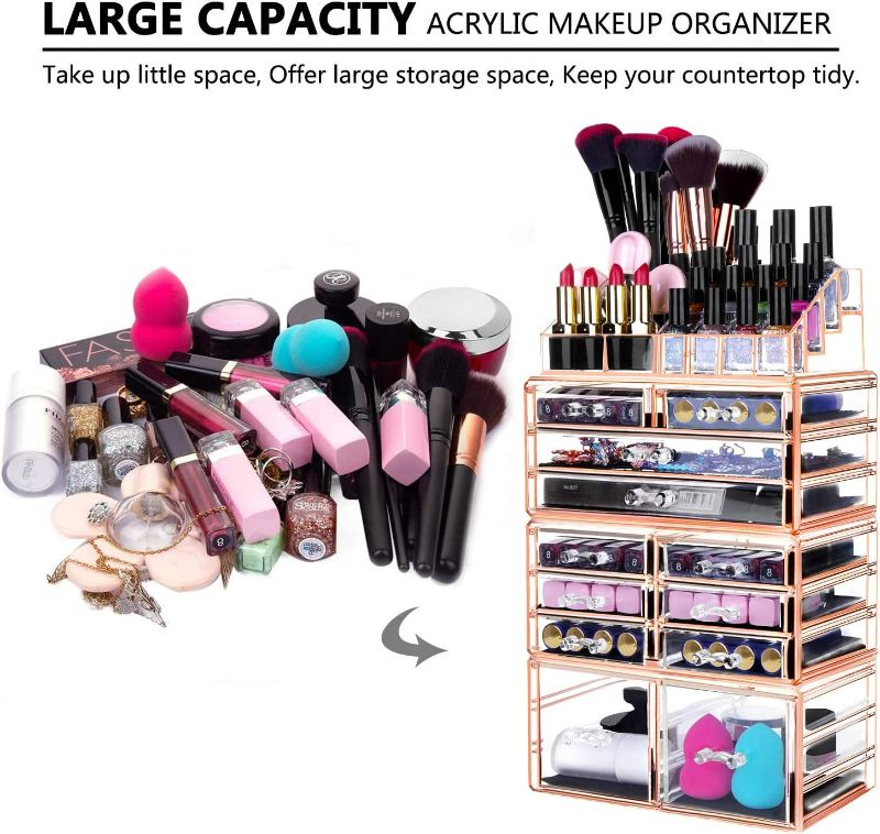 Photo 2 of HBlife Makeup Organizer Acrylic Cosmetic Storage Drawers and Jewelry Display Box with 12 Drawers, 9.5 x 5.4 x 15.8 Inches, 4 Piece, Pink