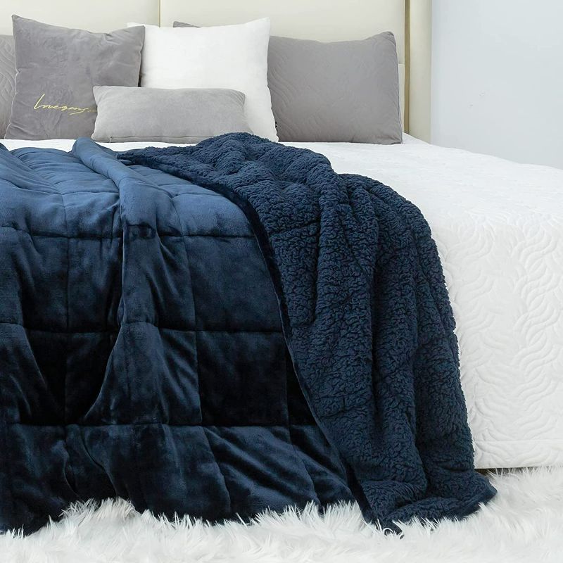 Photo 1 of Kivik Weighted Blanket 15 lbs for Adult,Fuzzy Sherpa Weighted Blanket Full Size,Flannel Fleece Heavy Blanket Throw for Couch Sofa,Calming & Relaxing Sleeping,Dual Side Navy Blue 60x80 Inches