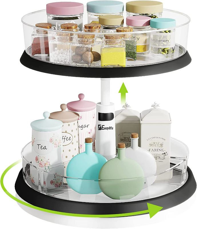 Photo 1 of 2 Tier Lazy Susan Turntable - Height Adjustable Cabinet Organizer with Clear Removable Bins - 11 Inch Spice Rack Organizer for Kitchen Cabinet, Countertop, Pantry