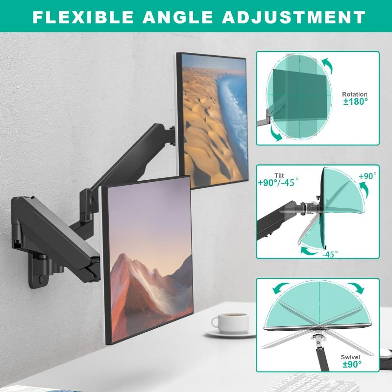 Photo 3 of UPGRAVITY Dual Monitor Wall Mount - Full Motion Adjustable Vesa Mount for 2 Screens up to 32 inch, Height /Swivel /Tilt/ Rotation Adjustable Monitor Arm Mount up to 17.6lbs per Arm