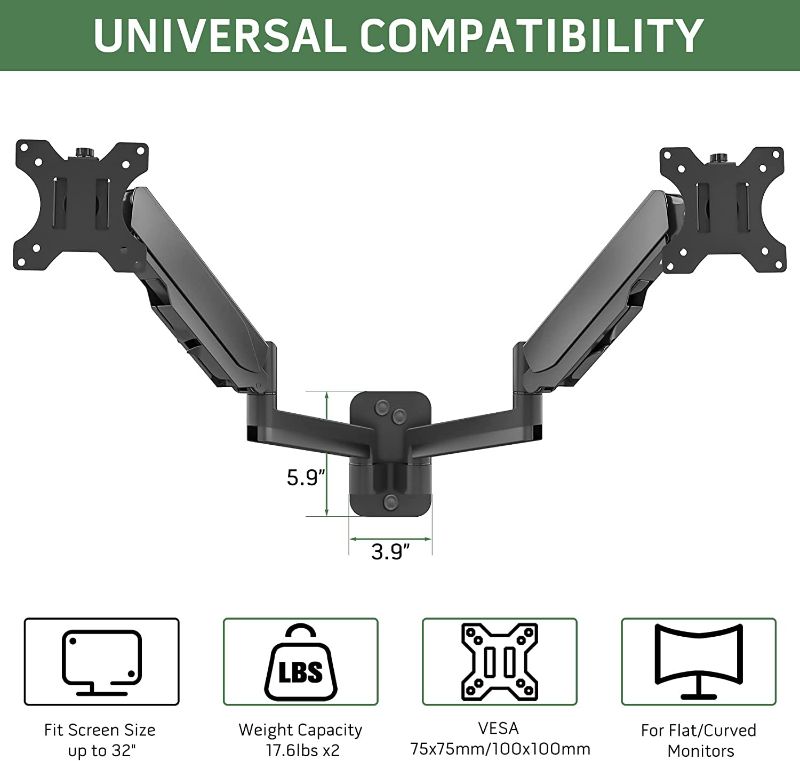 Photo 2 of UPGRAVITY Dual Monitor Wall Mount - Full Motion Adjustable Vesa Mount for 2 Screens up to 32 inch, Height /Swivel /Tilt/ Rotation Adjustable Monitor Arm Mount up to 17.6lbs per Arm