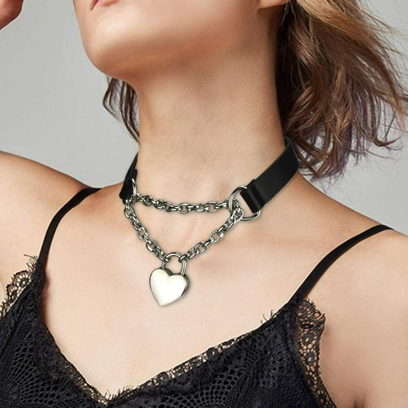 Photo 2 of (3 pack) Alona Magic Goth Choker Necklaces for Women, Black Choker and Heart Padlock Day Collar with Key, Black PU Leather Choker Collar for Women