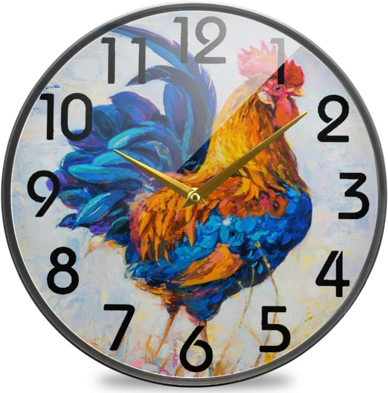 Photo 1 of Naanle Colorful Rooster Poultry Painting Print Round Wall Clock, 9.5 Inch Silent Battery Operated Quartz Analog Quiet Desk Clock for Home,Office,School