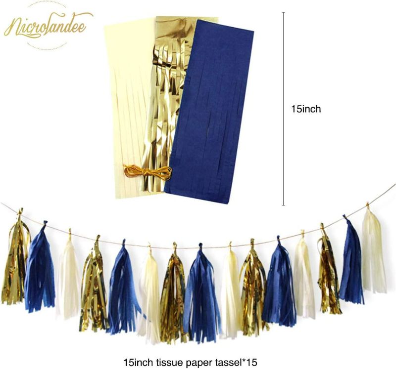 Photo 3 of NICROLANDEE Navy Blue Gold Party Decoration Kit Nautical Baby Shower Hanging Pom Poms Paper Garland Party Confetti for Navy Party Get Ready Bridal Shower Wedding Birthday Bachelorette (Navy Gold)