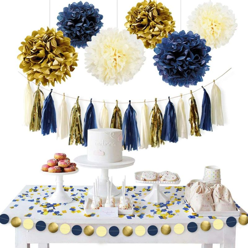 Photo 1 of NICROLANDEE Navy Blue Gold Party Decoration Kit Nautical Baby Shower Hanging Pom Poms Paper Garland Party Confetti for Navy Party Get Ready Bridal Shower Wedding Birthday Bachelorette (Navy Gold)