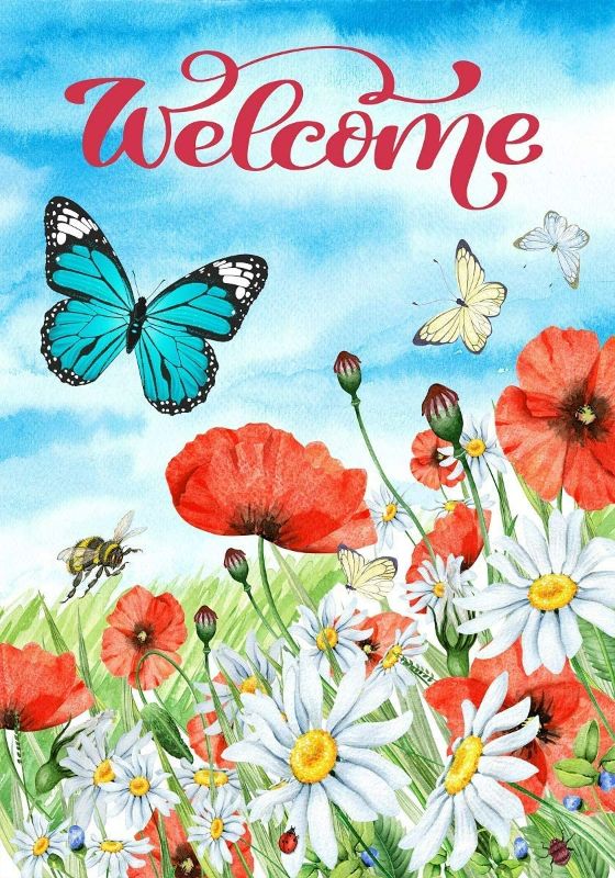 Photo 1 of Wamika Poppy Daisy Field Butterfly Garden Flag 12 x 18 Double Sided Hello Spring Flowers Bee House Yard Flags Welcome Spring Summer Outdoor Indoor Banner for Home Decorations