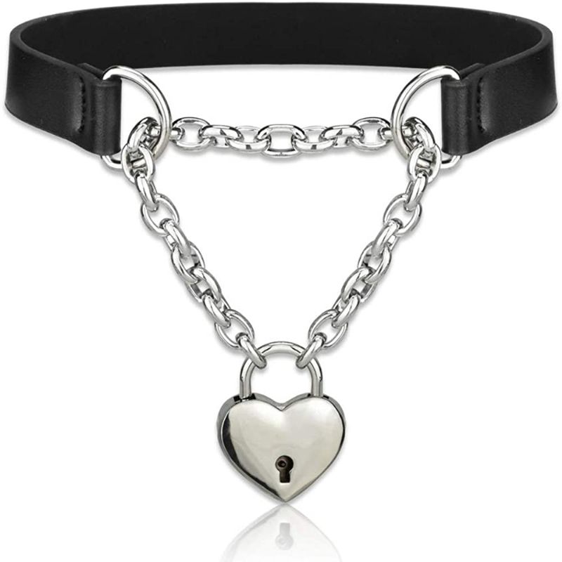 Photo 1 of (3 pack) Alona Magic Goth Choker Necklaces for Women, Black Choker and Heart Padlock Day Collar with Key, Black PU Leather Choker Collar for Women