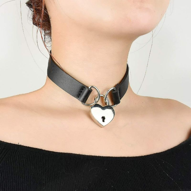 Photo 3 of (3 pack) Alona Magic Goth Choker Necklaces for Women, Black Choker and Heart Padlock Day Collar with Key, Black PU Leather Choker Collar for Women