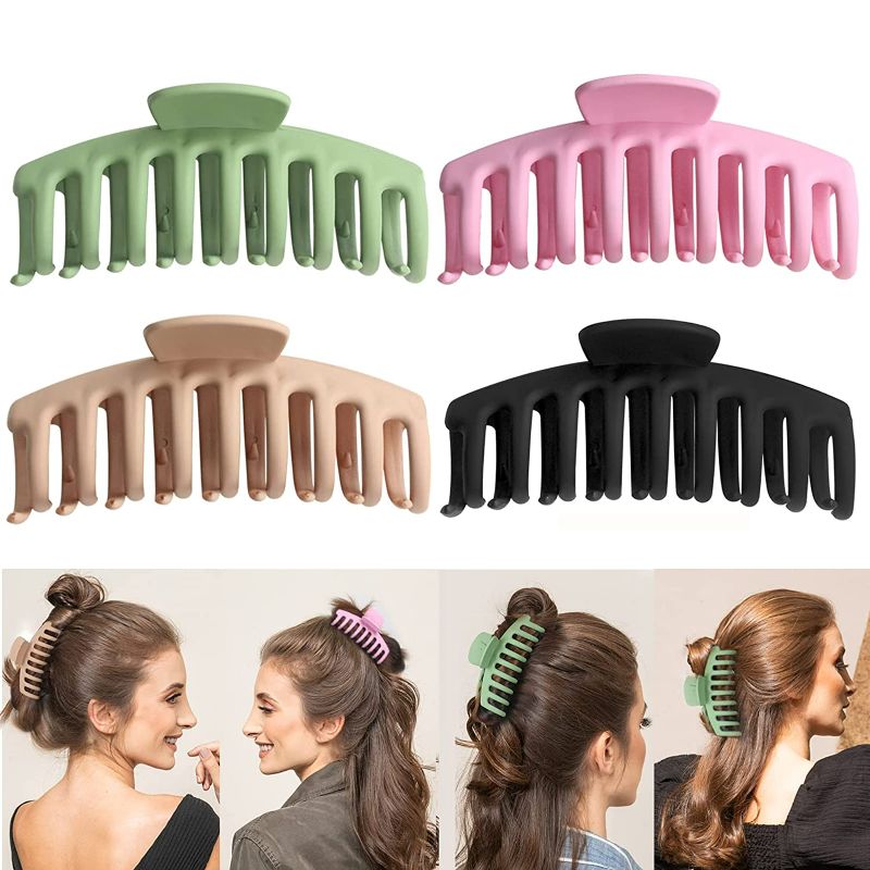 Photo 2 of Big Hair Claw Clips 4 Pack Large Banana and Jaw Clips for Women Ladies Girls Matte Nonslip Hair Holder Hair Accessories for Thick Long Heavy Hair 4.3 inch