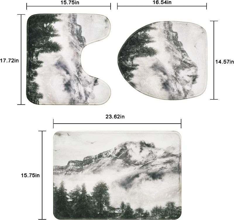 Photo 4 of 4 piece MitoVilla Foggy Mountain and Pine Tree Shower Curtain Set for Asian Bathroom Decor, Abstract Traditional Chinese Misty Nature Scenic Bathroom Mats and Curtain Shower Set with Accessories, Black and White, Grey