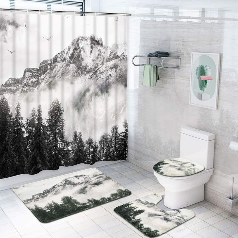 Photo 3 of 4 piece MitoVilla Foggy Mountain and Pine Tree Shower Curtain Set for Asian Bathroom Decor, Abstract Traditional Chinese Misty Nature Scenic Bathroom Mats and Curtain Shower Set with Accessories, Black and White, Grey