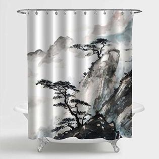 Photo 1 of 4 piece MitoVilla Foggy Mountain and Pine Tree Shower Curtain Set for Asian Bathroom Decor, Abstract Traditional Chinese Misty Nature Scenic Bathroom Mats and Curtain Shower Set with Accessories, Black and White, Grey
