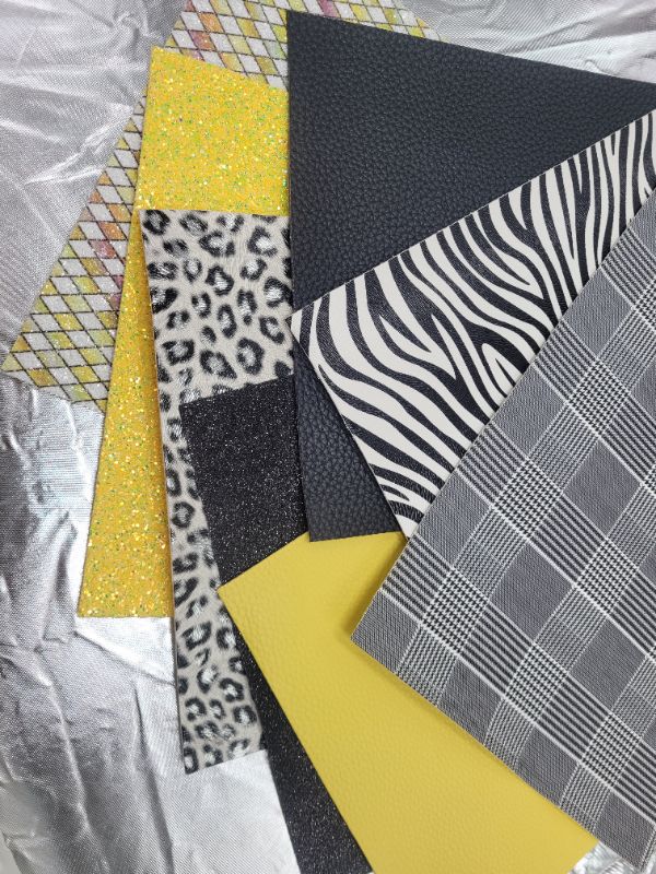 Photo 1 of ZAIONE New Contrast Color Black & Yellow Series Faux Leather Sheets Bundle 8pcs/Set 8" x 12" Solid Colors Grain & Glitter & Zebra-Stripe Leopard Plaid Pattern for Earring Making DIY Crafts