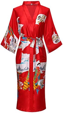 Photo 1 of XL Women Long Silky Bathrobe Satin Kimono Robe Floral Printed Dressing Gown Sleepwear