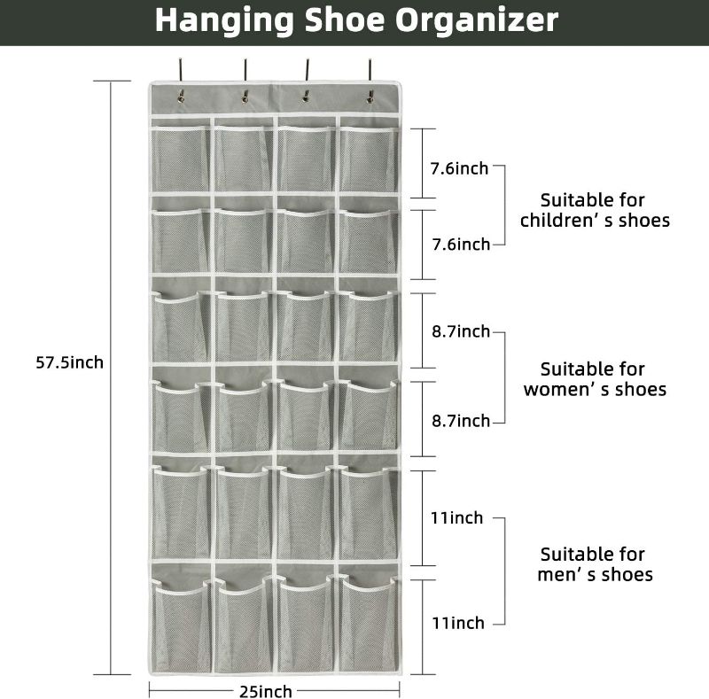 Photo 2 of KEEPJOY Over The Door Shoe Organizer, Hanging Shoe Organizer with 24 Mesh Pockets Door Shoe Holder Works Well for Men Women Kids Shoe Storage Organizer Large Size 57.5 x 25 Inch(Grey 2PACK)