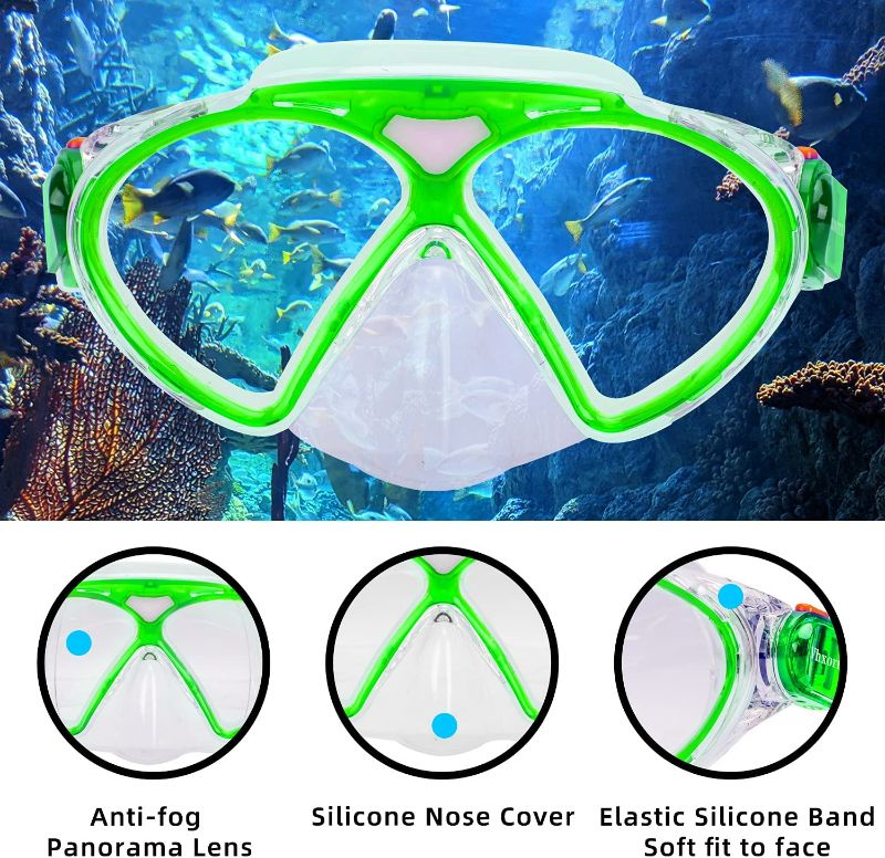 Photo 3 of Kids Snorkel Set Snorkel Mask? Anti-Leak Anti-Fog Snorkeling Gear with Mesh Bag,Tempered Glass Swimming Diving Scuba Goggles for Children, Boys?Girls Age from 5-15 Years Old