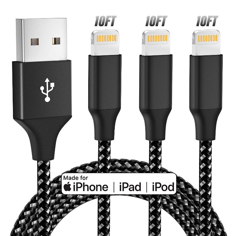 Photo 1 of iPhone Charger,3 Pack 10FT Bkayp [Apple MFi Certified] Lightning to USB Cable Charger Compatible iPhone 12/11 Pro/11/XS MAX/XR/8/7/6s/6/plus,iPad Pro/Air/Mini,iPod Touch - Black White