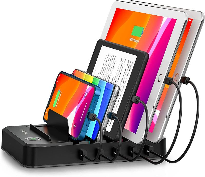 Photo 1 of Charging Station for Multiple Devices 5 Ports with 6 Mixed Charging Cables Multi USB Charger Station Organizer for Cell Phones Tablets Tab Electronics Tech Gadget