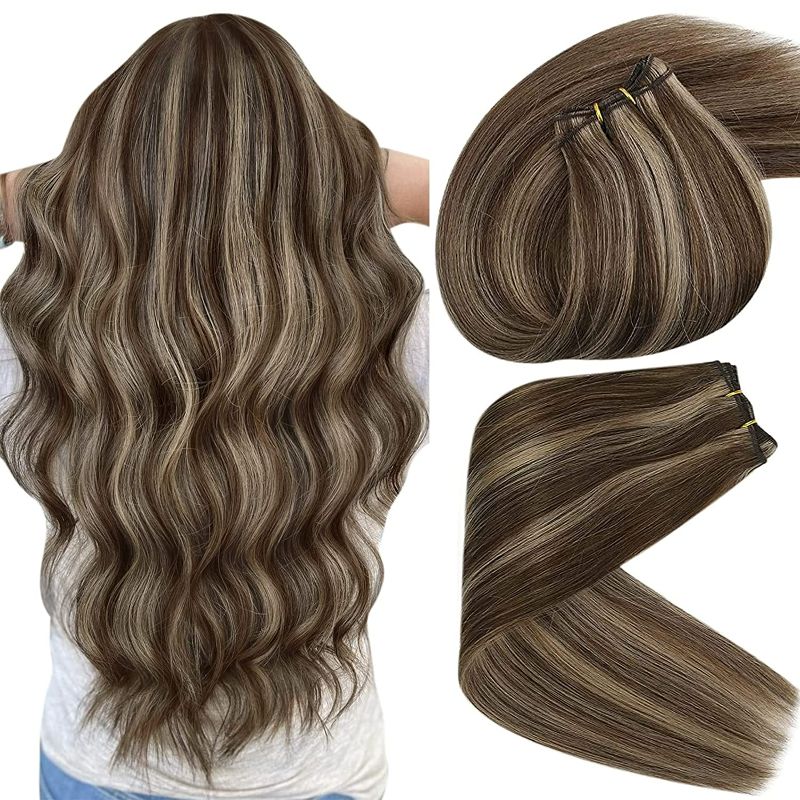 Photo 1 of Sunny Weft Hair Extensions Brown Sew in Hair Extensions Brown Highlights Weft Extensions Real Human Hair Dark Brown Mix Caramel Blonde Highlighted Sew in Hair Extensions Human Hair 100g 16inch