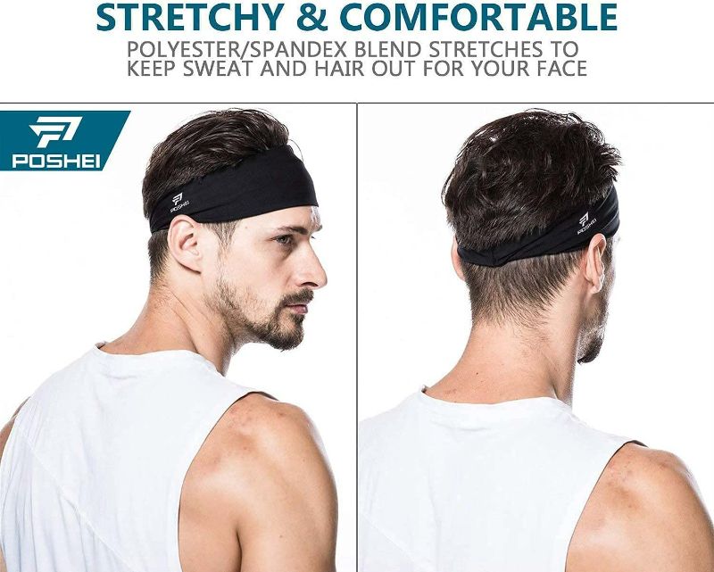 Photo 2 of poshei Mens Headband (4 Pack), Mens Sweatband & Sports Headband for Running, Cycling, Yoga, Basketball - Stretchy Moisture Wicking Hairband