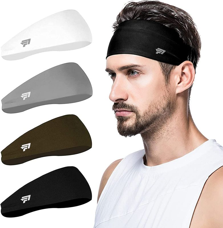 Photo 1 of poshei Mens Headband (4 Pack), Mens Sweatband & Sports Headband for Running, Cycling, Yoga, Basketball - Stretchy Moisture Wicking Hairband