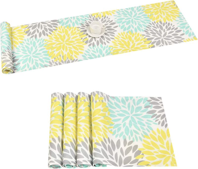 Photo 1 of Alishomtll Dahlia Pinnata Table Runner with 4 Placemats Yellow Gray Flower Table Runners Set for Dinner Parties, Catering Events, Indoor and Outdoor Parties
